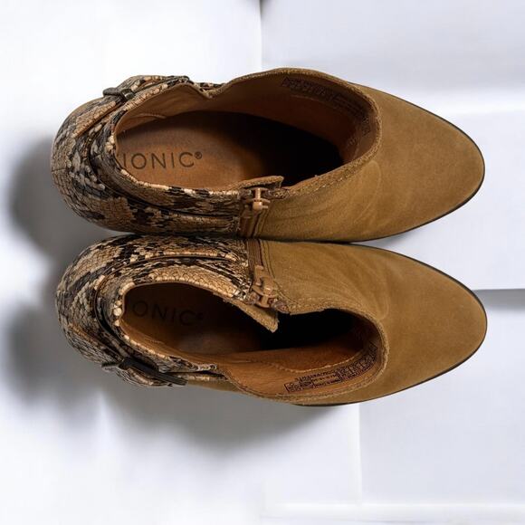 Vionic Naomi Brown Suede Ankle Boots Sz 6 Snake Print Block Heel Zip Up Orthotic - Picture 6 of 11